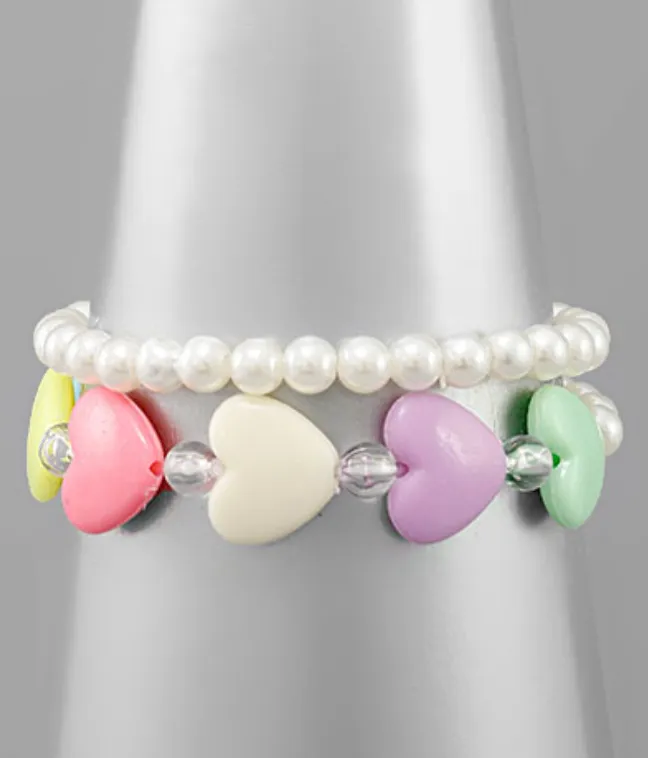 Pearls and Hearts Stretch Bracelet Set