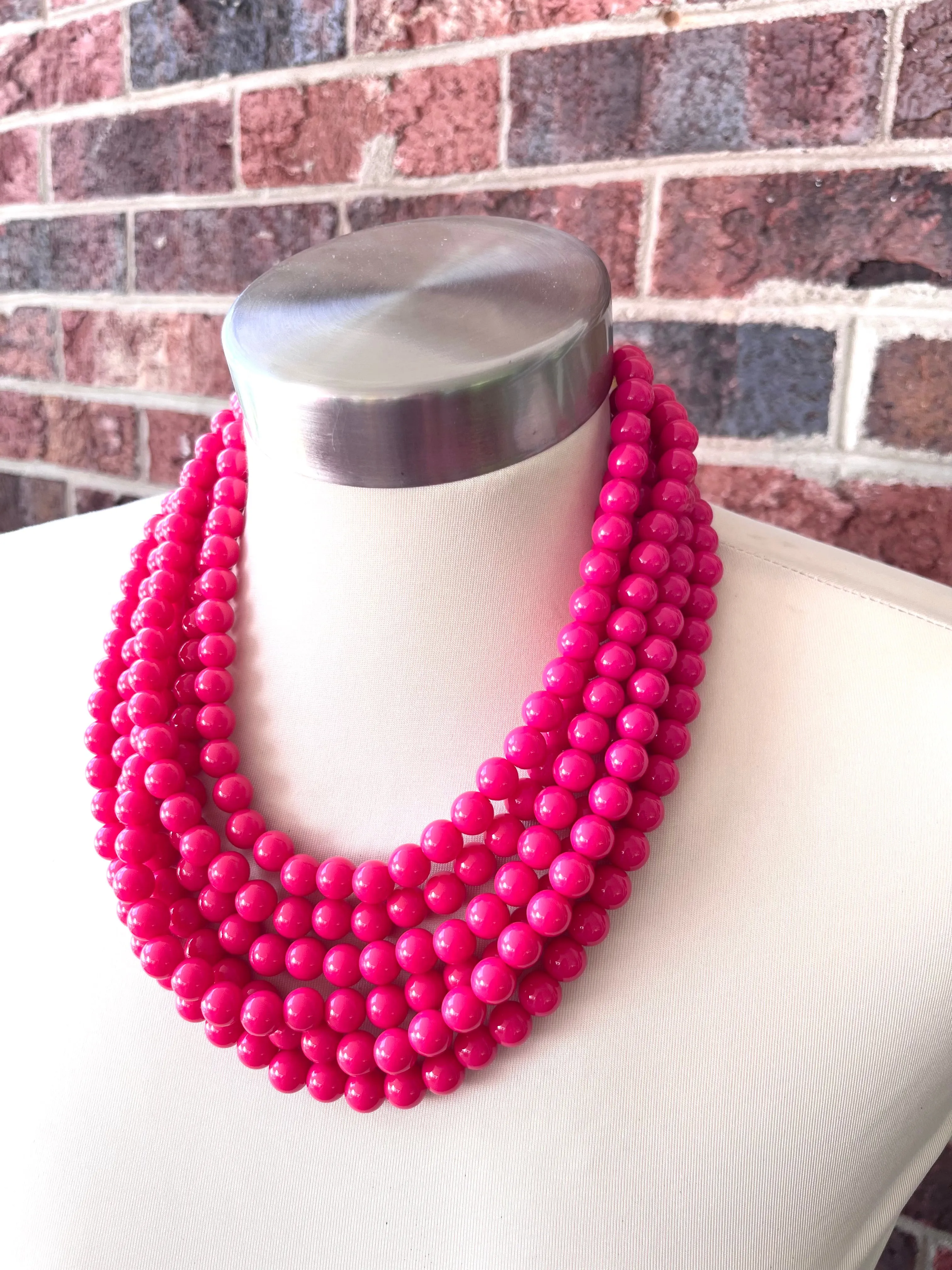 Pink Acrylic Lucite Bead Chunky Multi Strand Statement Necklace - Alana