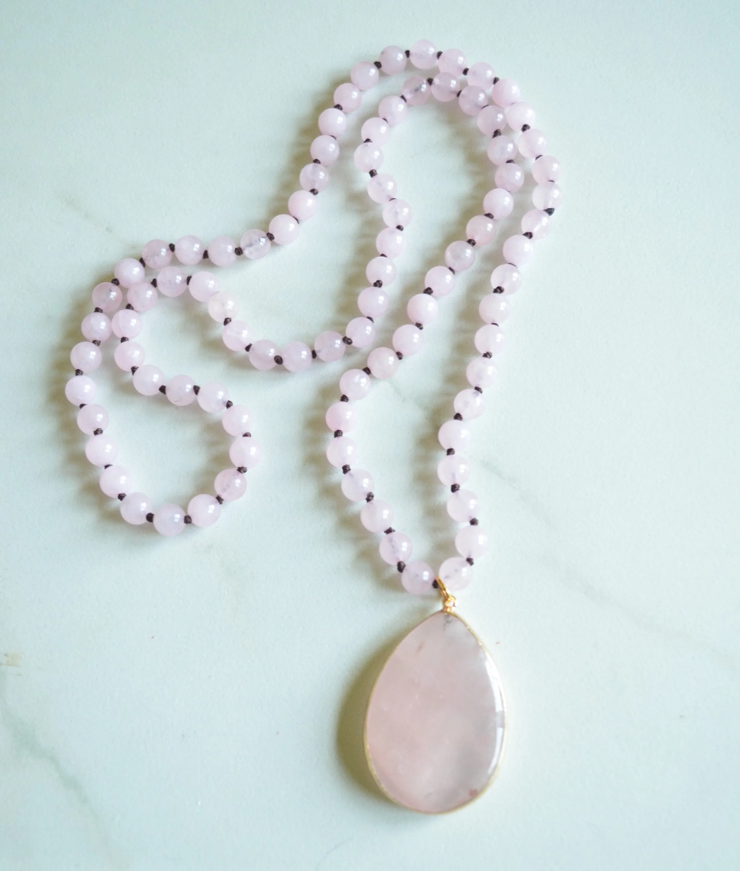 Pink Long Rose Quartz Stone Pendant Knotted Bead Necklace - Erin