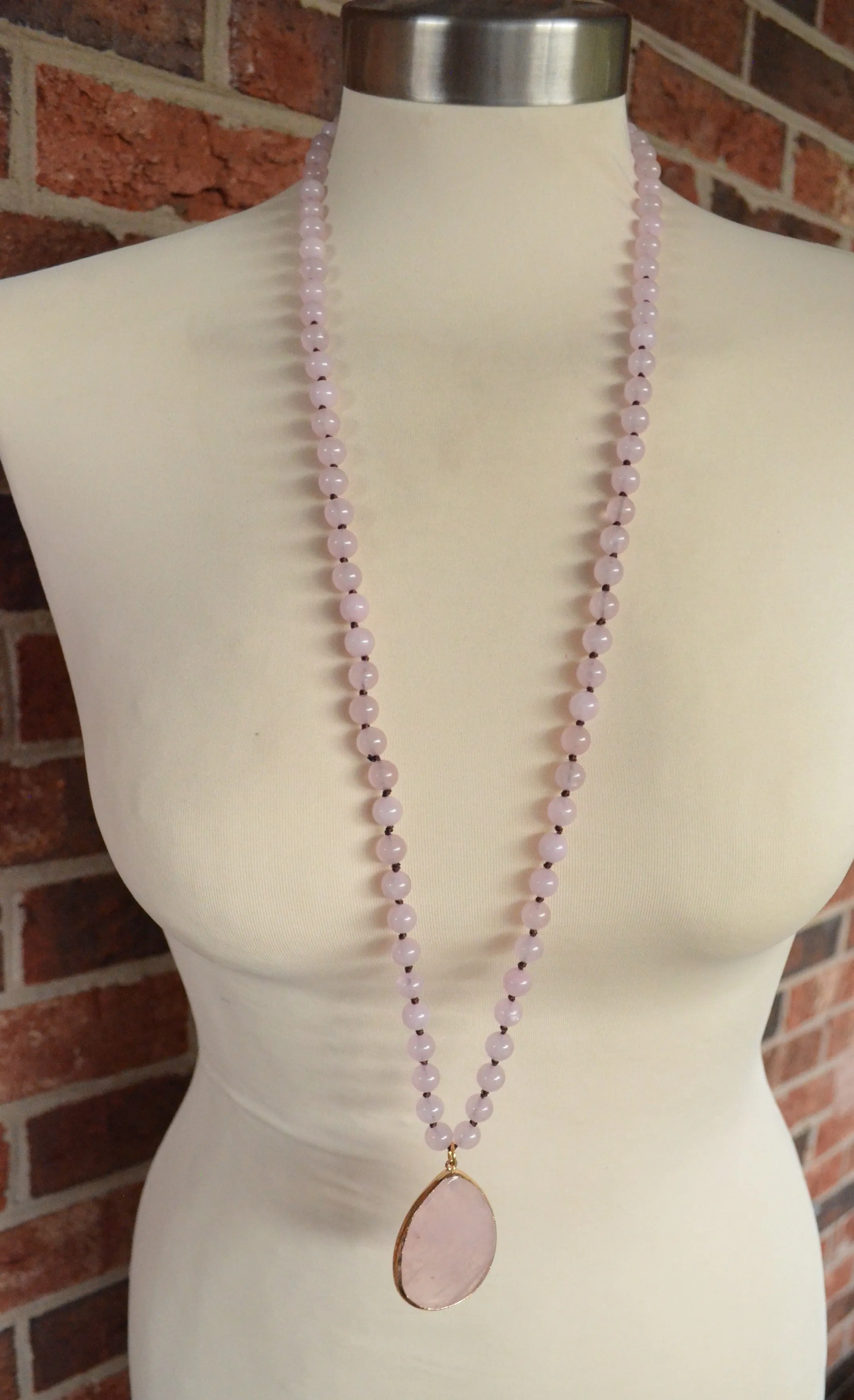 Pink Long Rose Quartz Stone Pendant Knotted Bead Necklace - Erin