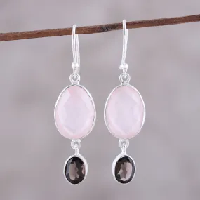 Pretty Pairing Rose Quartz and Smoky Quartz Dangle Earrings from India