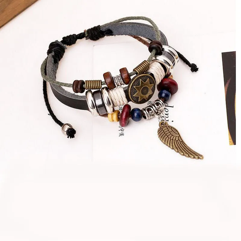 Punk Jewelry Wrap 100% Real Leather Copper Angel Wing pendant Wooden Beads Charm Bracelet & Bangle Wristband Cuff for Women