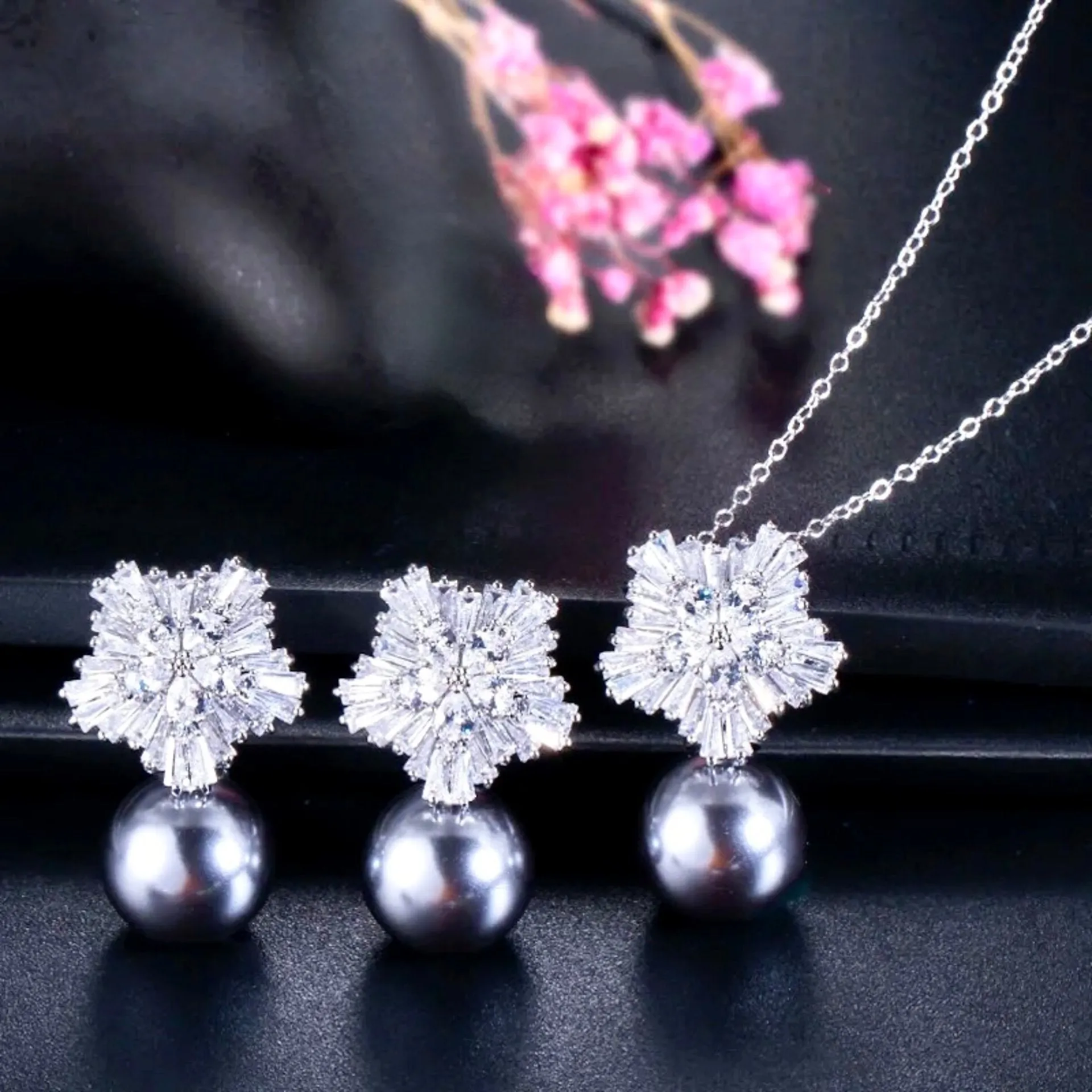 "Alba" - Pearl and Cubic Zirconia Snowflake Bridal Jewelry Set - More Colors