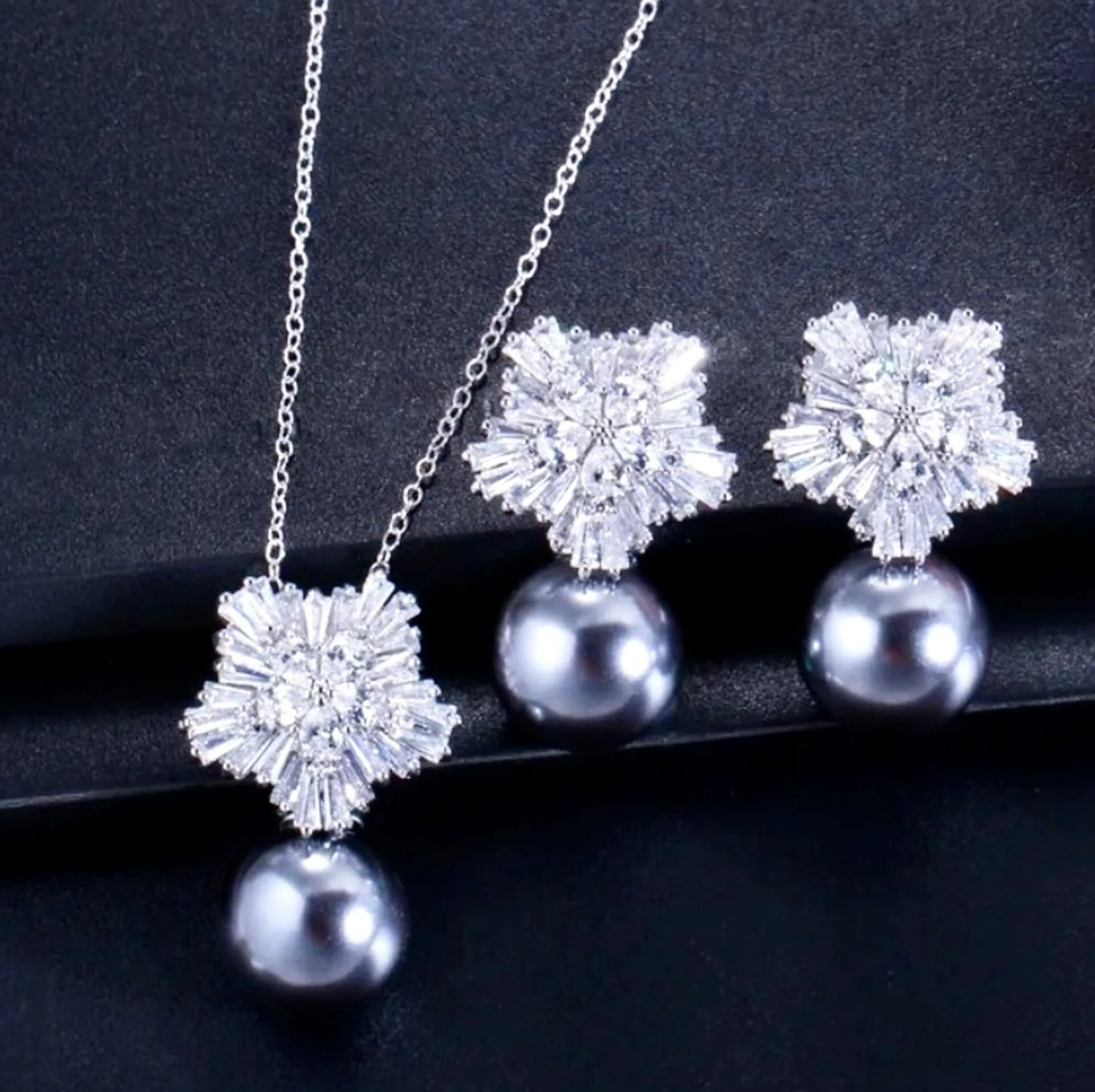 "Alba" - Pearl and Cubic Zirconia Snowflake Bridal Jewelry Set - More Colors