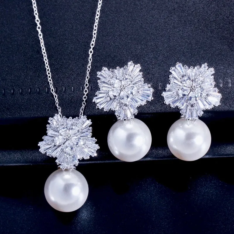 "Alba" - Pearl and Cubic Zirconia Snowflake Bridal Jewelry Set - More Colors