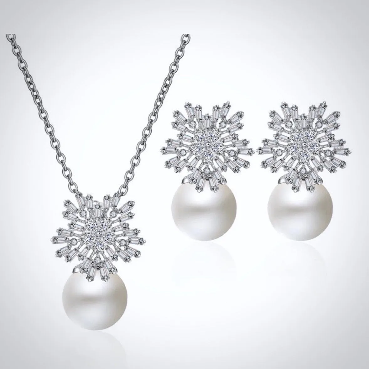 "Alba" - Pearl and Cubic Zirconia Snowflake Bridal Jewelry Set - More Colors