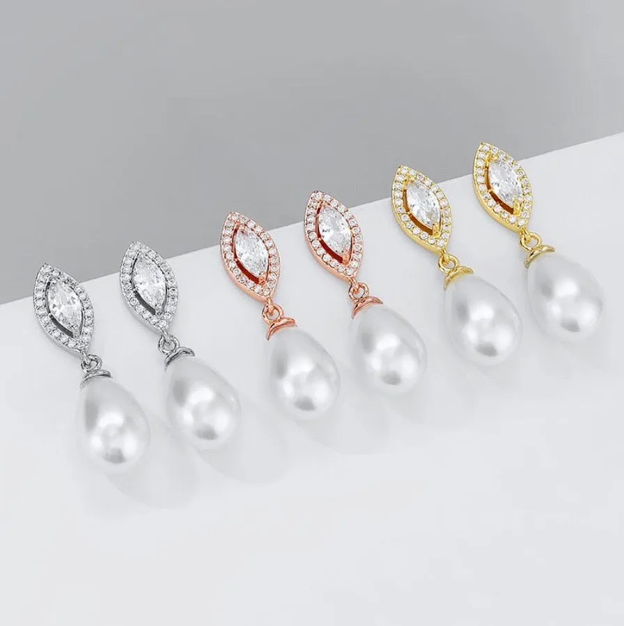 "Dani" - Pearl and Cubic Zirconia Bridal Earrings - Available in Silver, Rose Gold and Yellow Gold