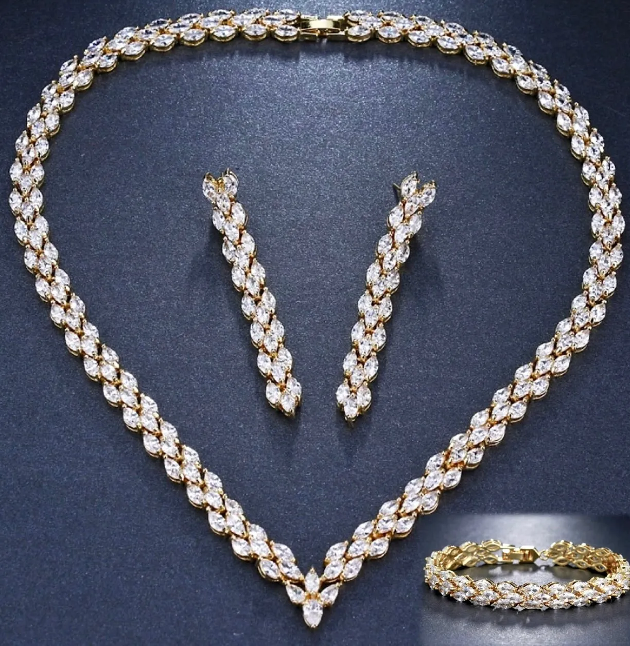 "Harmony" - Cubic Zirconia Bridal Three-Piece Jewelry Set - Available in Silver and Gold