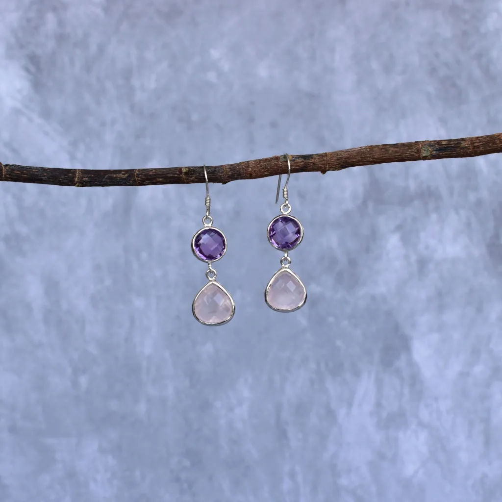 Radiant Duo - Amethyst & Rose Quartz Earring