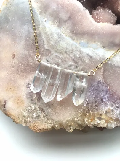 Raw Clear Quartz Row Necklace - Raw Crystal Necklace - Crystal Healing Necklace - Quartz Jewelry