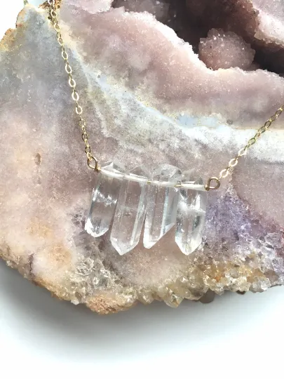 Raw Clear Quartz Row Necklace - Raw Crystal Necklace - Crystal Healing Necklace - Quartz Jewelry