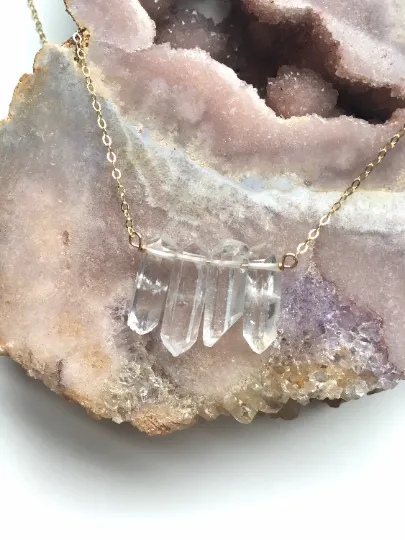 Raw Clear Quartz Row Necklace - Raw Crystal Necklace - Crystal Healing Necklace - Quartz Jewelry