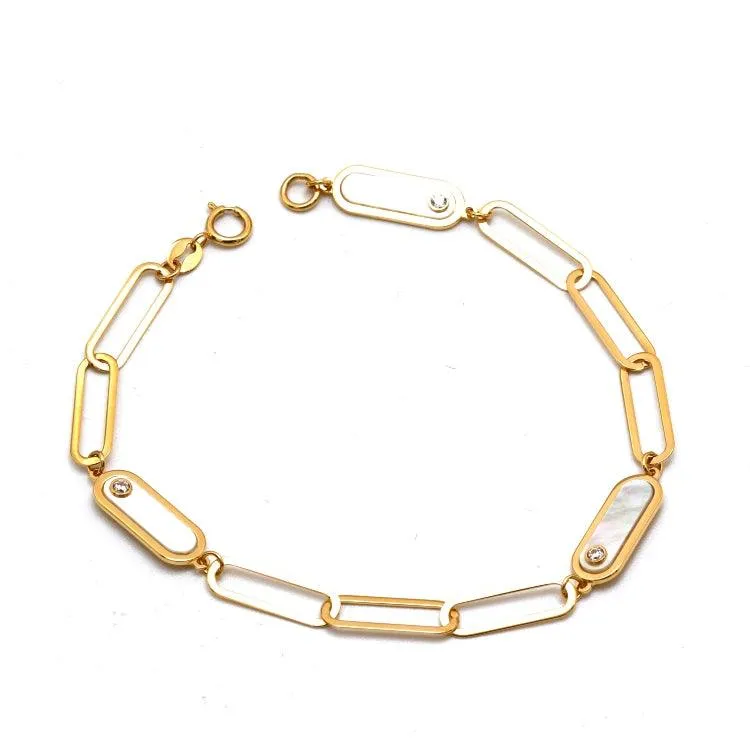 Real Gold Paper Clip Pearl Stone Bracelet (19 cm) - Model 0132 BR1698