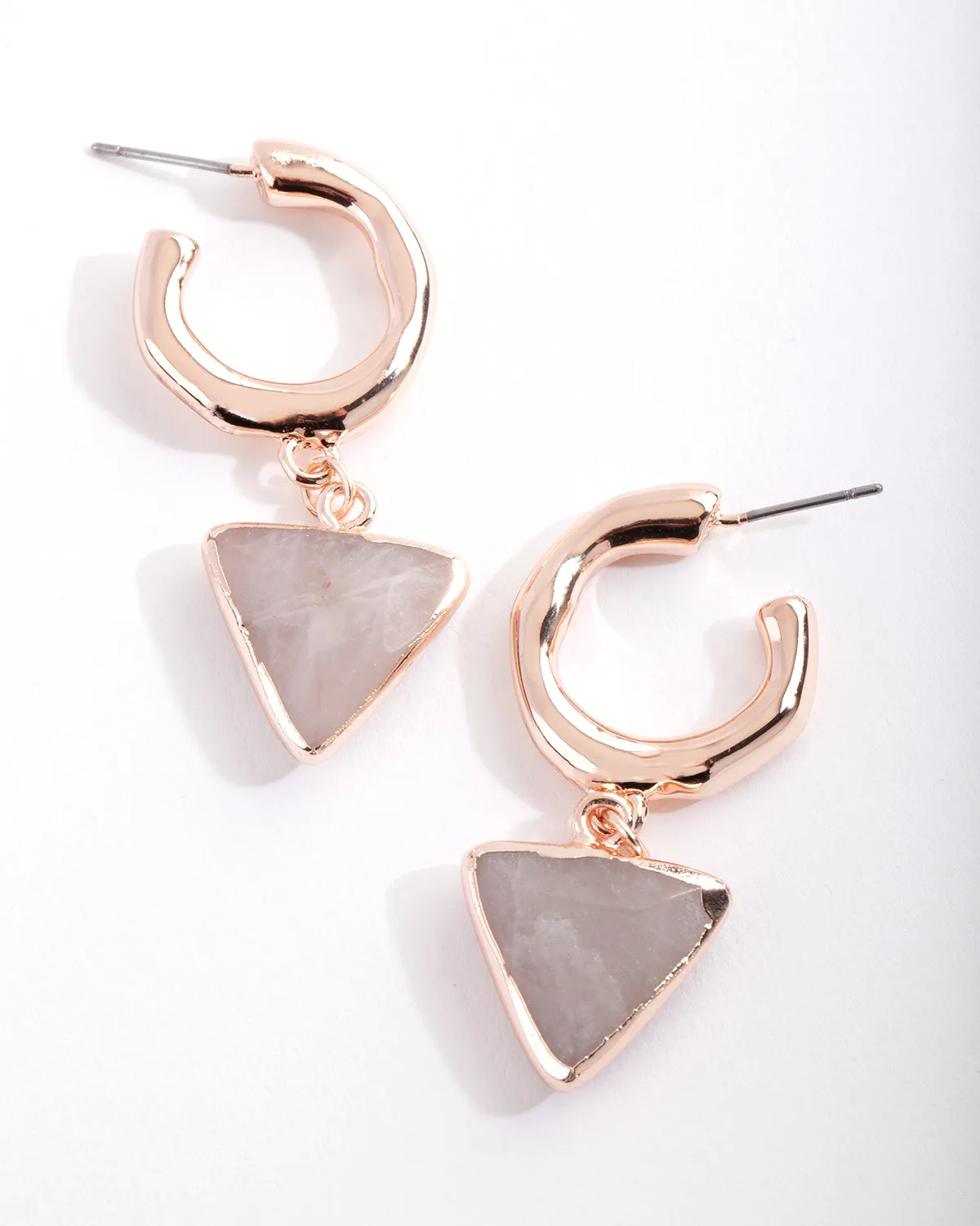 Real Rose Gold Plated Rose Quartz Triangle Hoop Earring