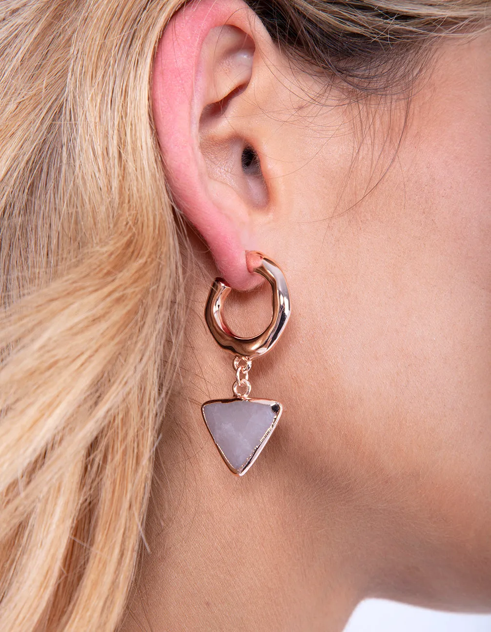 Real Rose Gold Plated Rose Quartz Triangle Hoop Earring