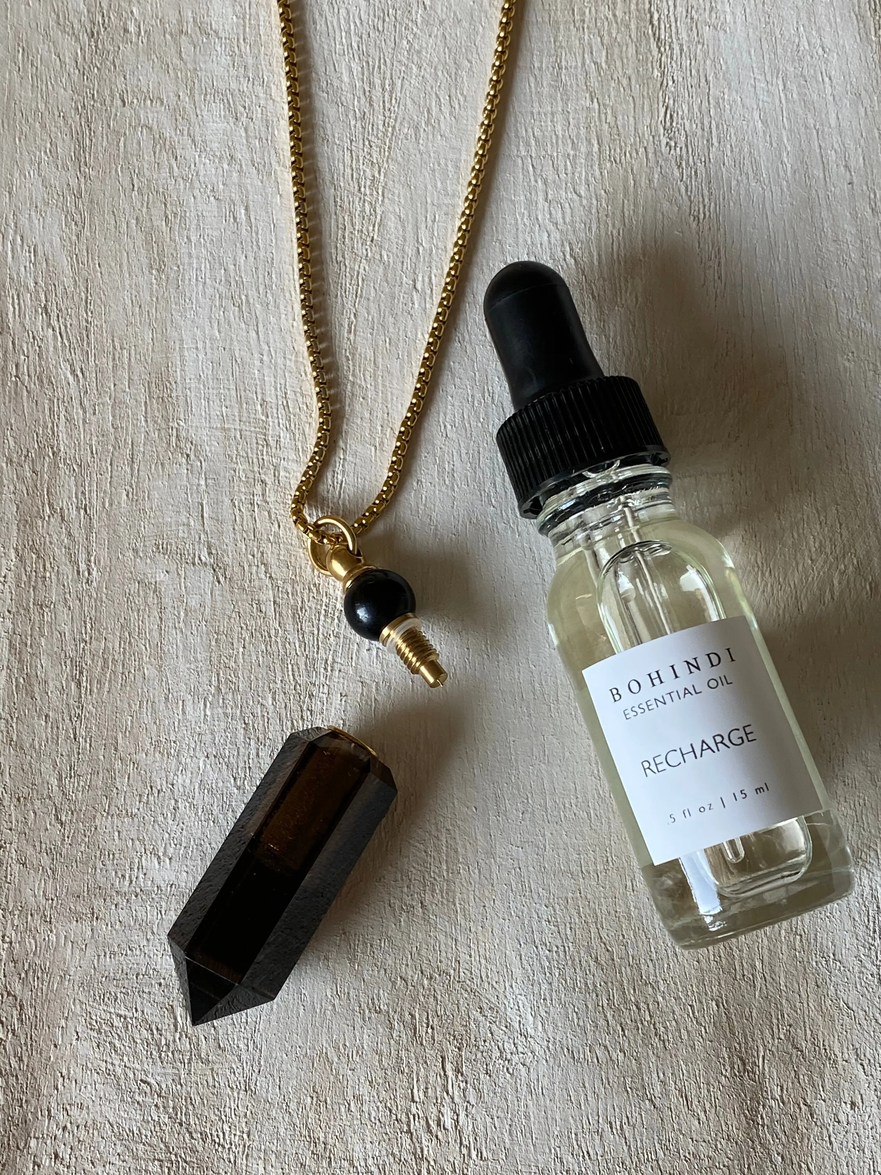 RECHARGE - ESSENTIAL OIL SMOKY QUARTZ VIAL NECKLACE