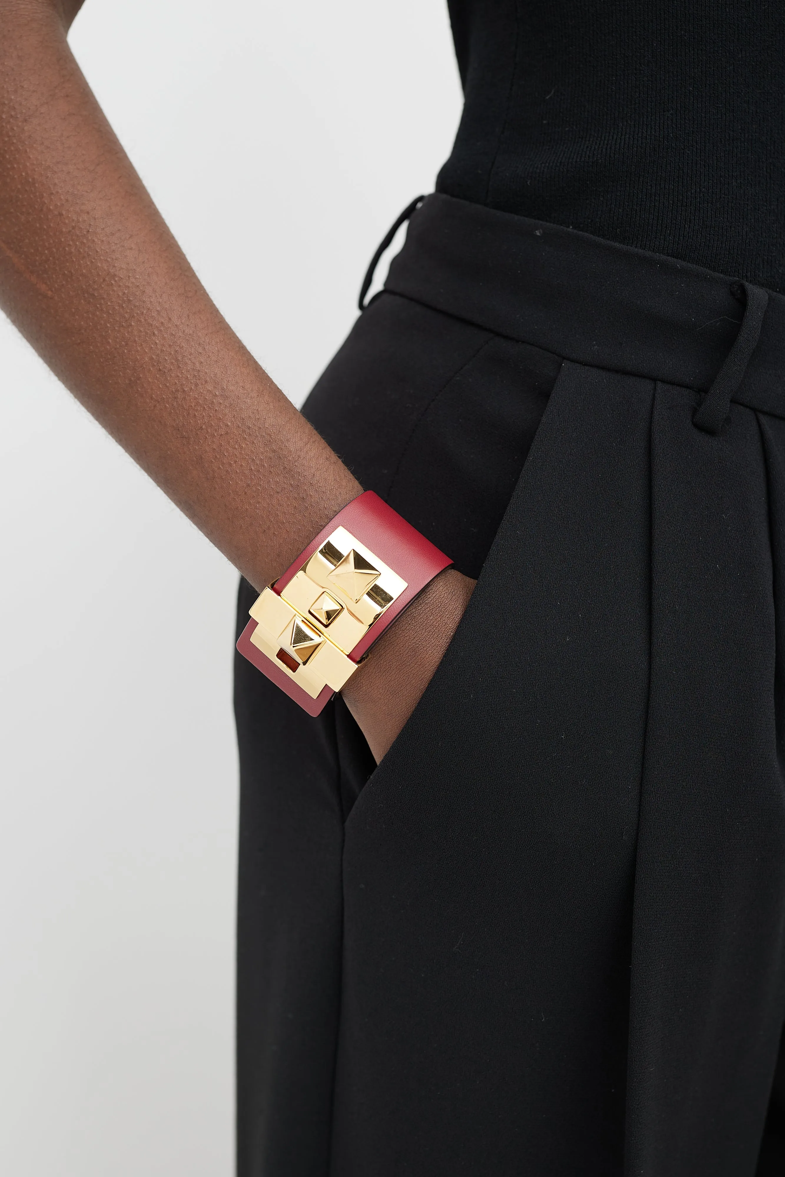 Red & Gold Leather Rockstud Leather Bracelet