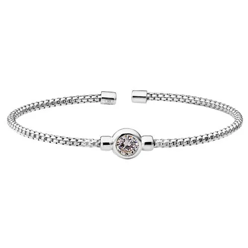 Rhodium Finish Sterling Silver Rounded Box Link Cuff Bracelet with Bezel Set Simulated Diamond Birth Gem