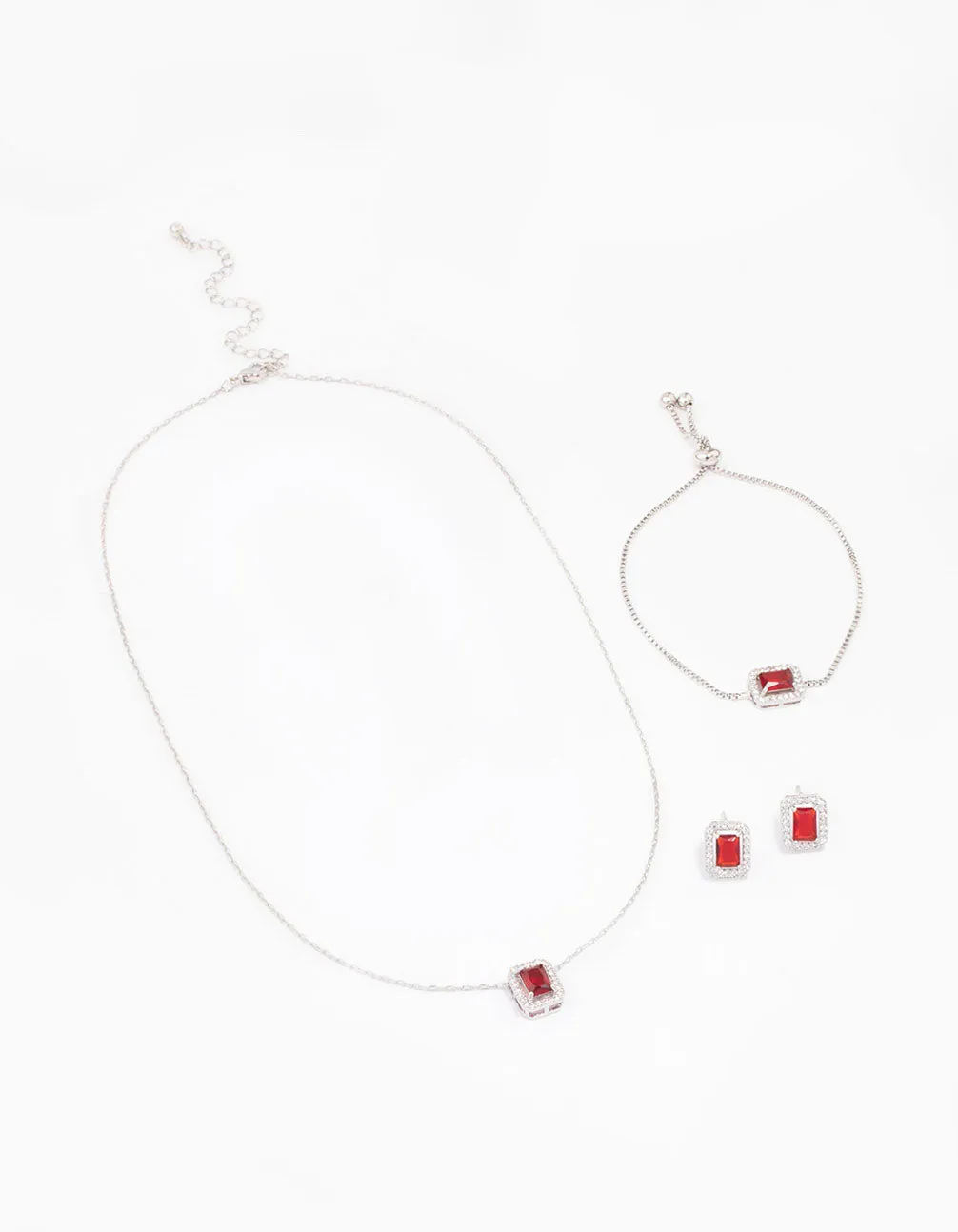 Rhodium Ruby Diamond Simulant Halo Jewellery Set