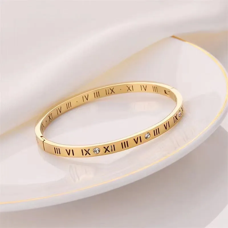 Roman Numeral with ZC Stones Handcuff Bangle Bracelet Stainless Steel, 17cm