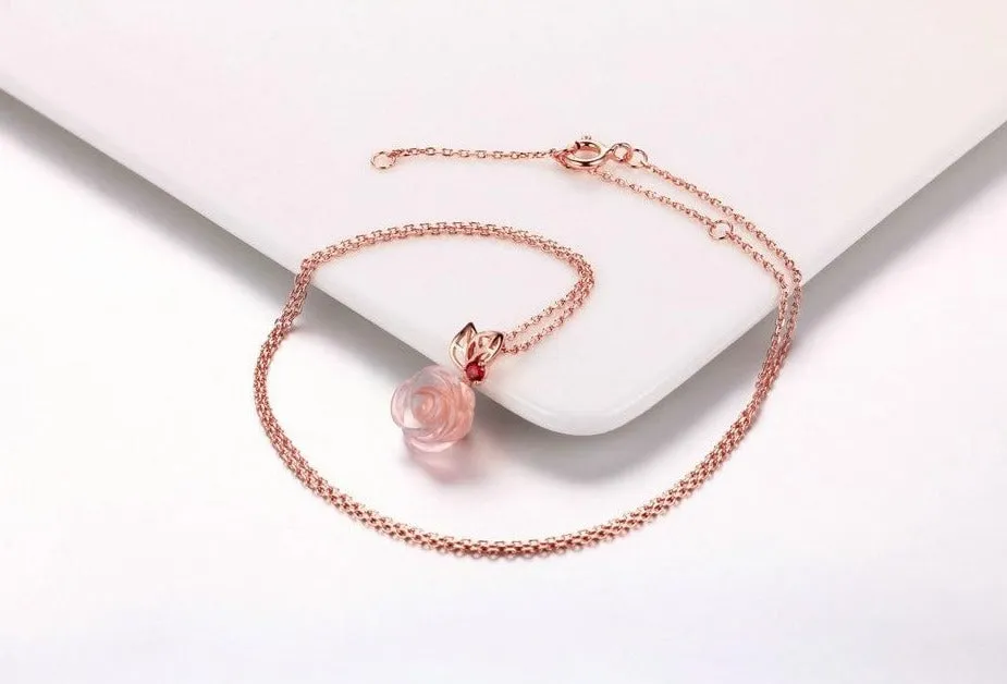 Rose Flower Natural Gemstone Rose Quartz Necklace & Pendant 925 Sterling Silver Gold Plated Fine Jewelry