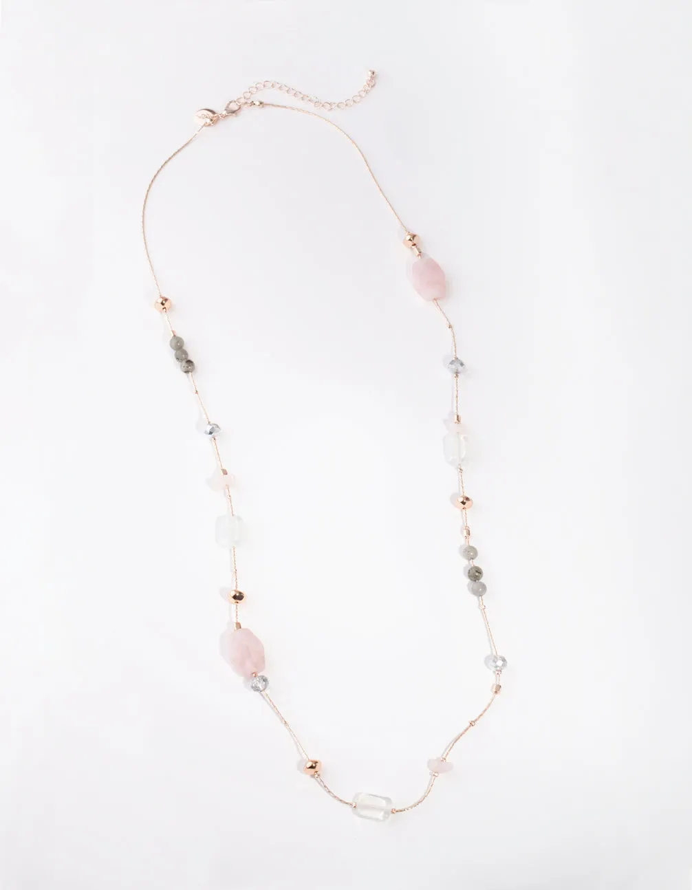 Rose Gold Mixed Rose Quartz Long Semi-Precious Necklace