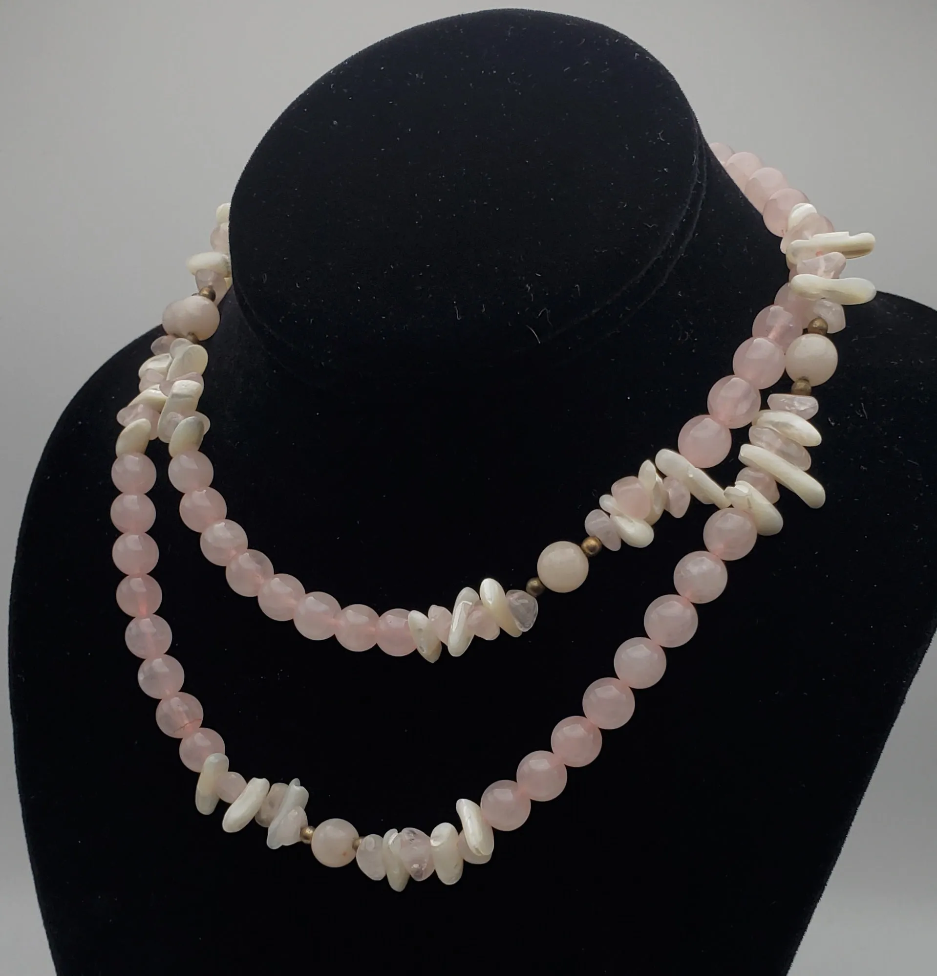 Rose Quartz and Shell Bead Necklace - 32"