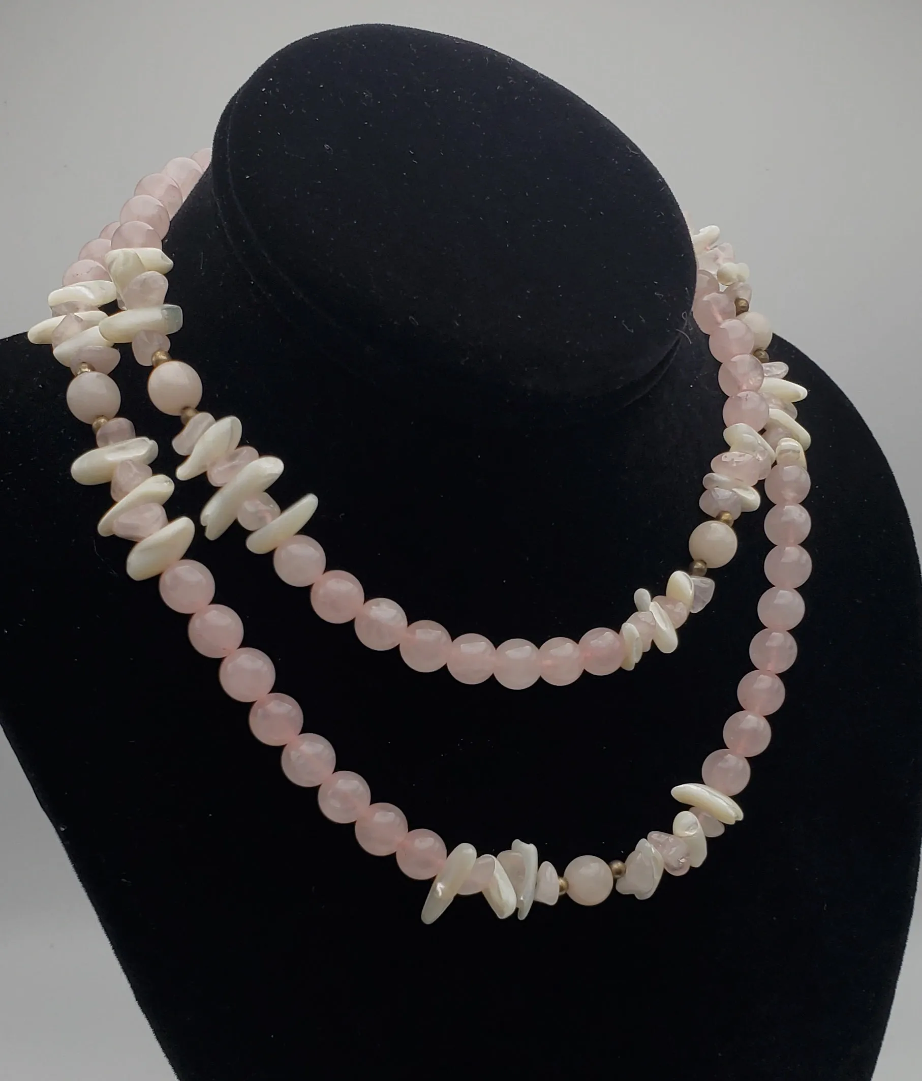 Rose Quartz and Shell Bead Necklace - 32"