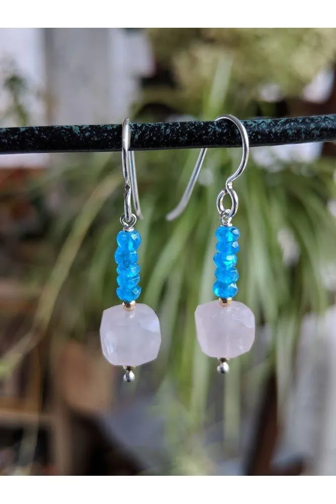 Rose Quartz, Apatite, Pink and Blue Silver Earrings