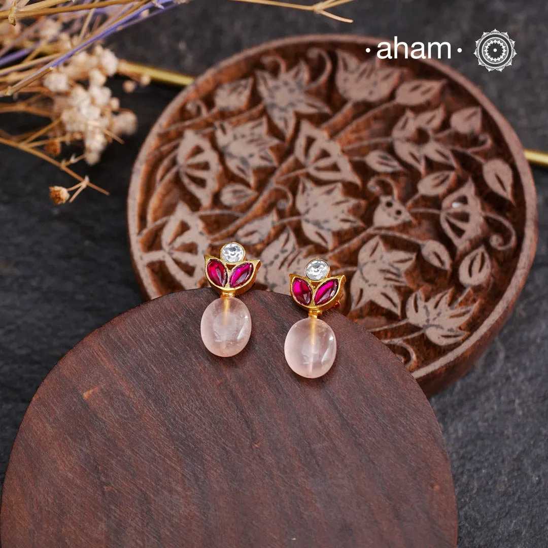 Rose Quartz Kundan Gold Polish Silver Earrings