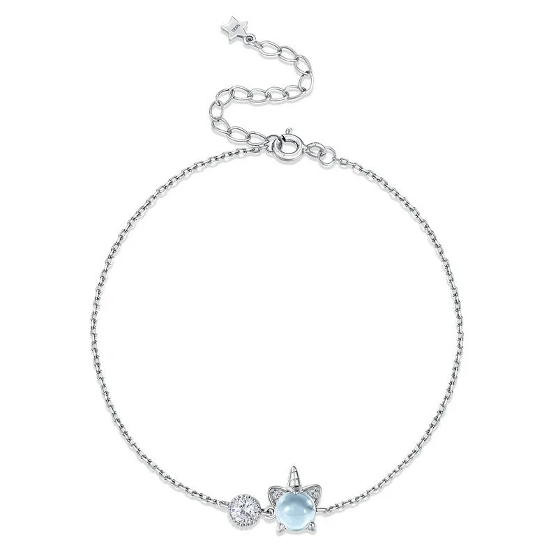 Round Natural Blue Topaz Cute Fantasy Unicorn Zircon Sterling Silver Bracelet