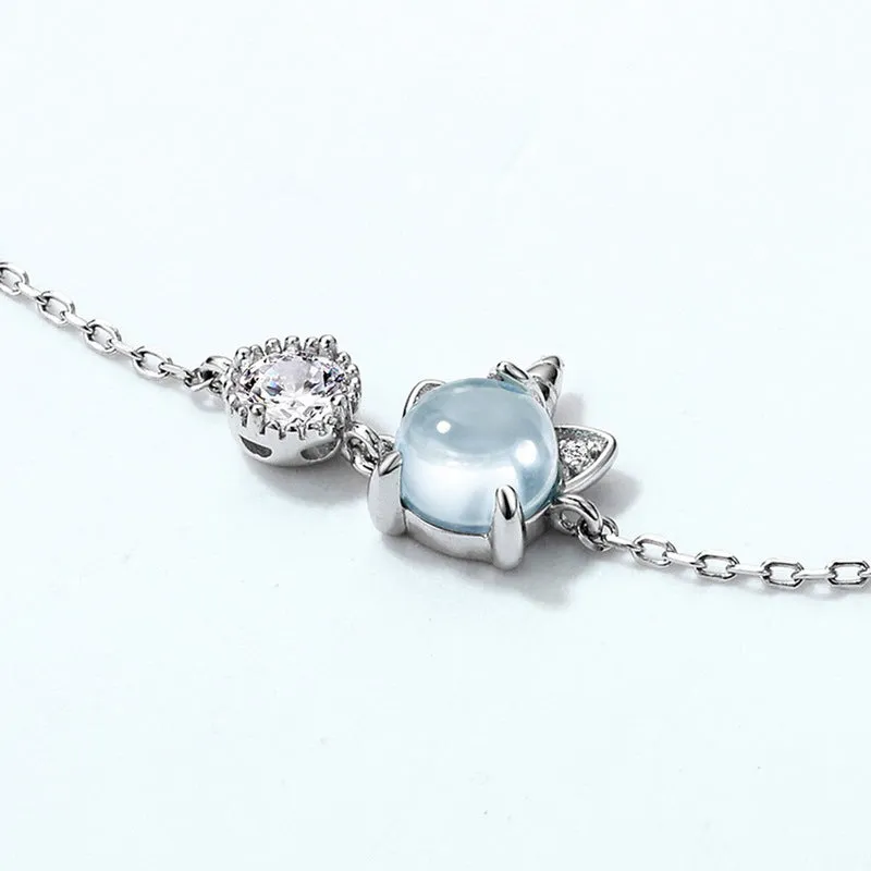 Round Natural Blue Topaz Cute Fantasy Unicorn Zircon Sterling Silver Bracelet