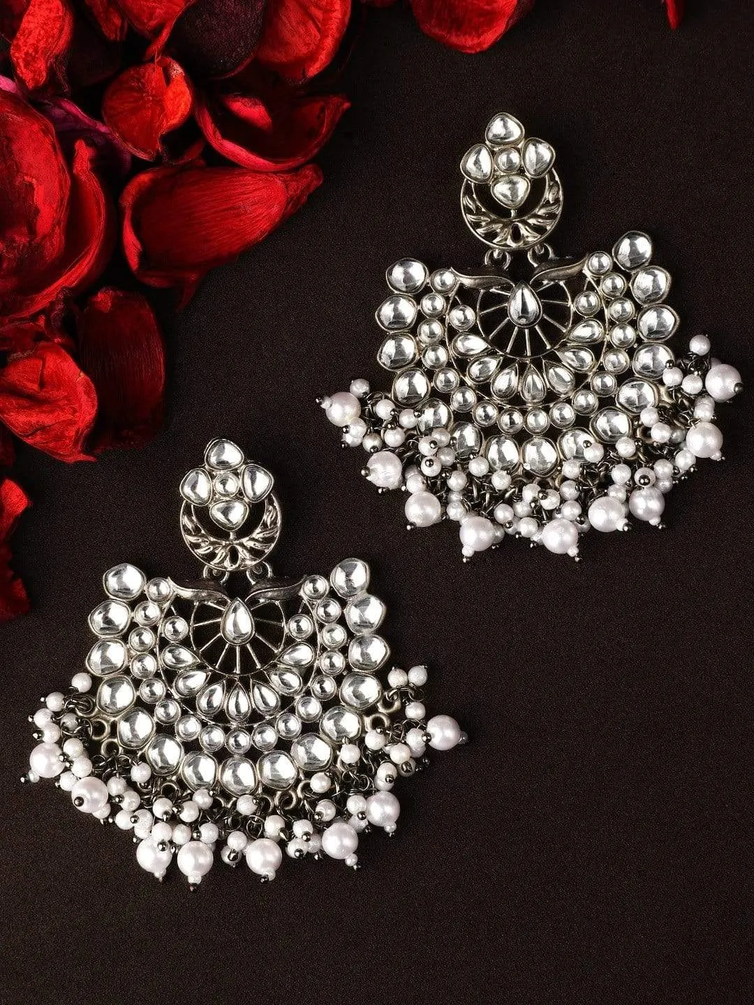 Rubans Black Metal Kundan and White Pearls Statement Chandbali Earrings