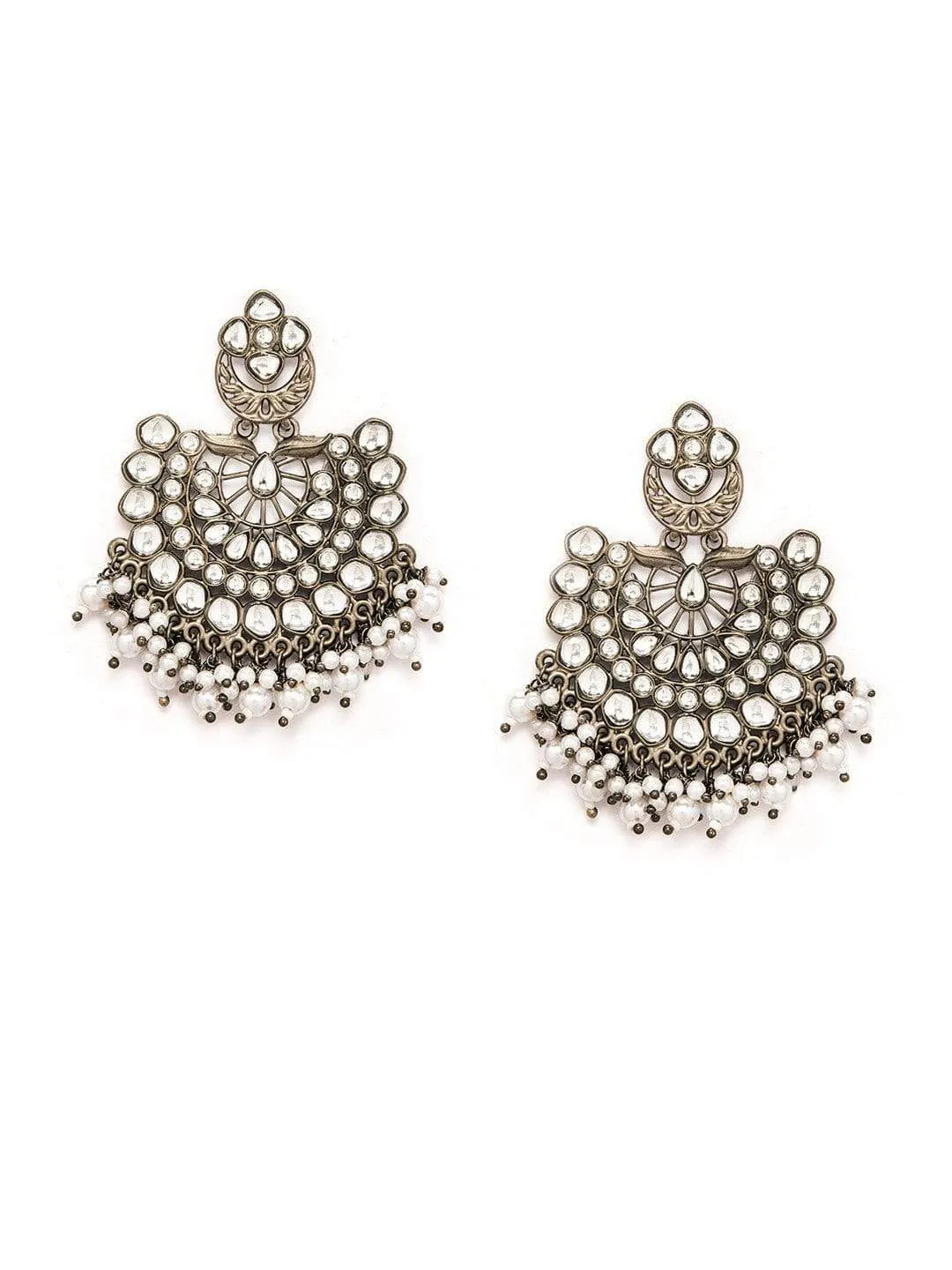 Rubans Black Metal Kundan and White Pearls Statement Chandbali Earrings