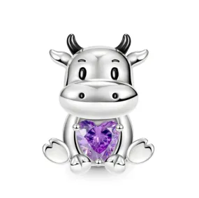 S925 Silver Cow with Purple Zircon Heart Charm