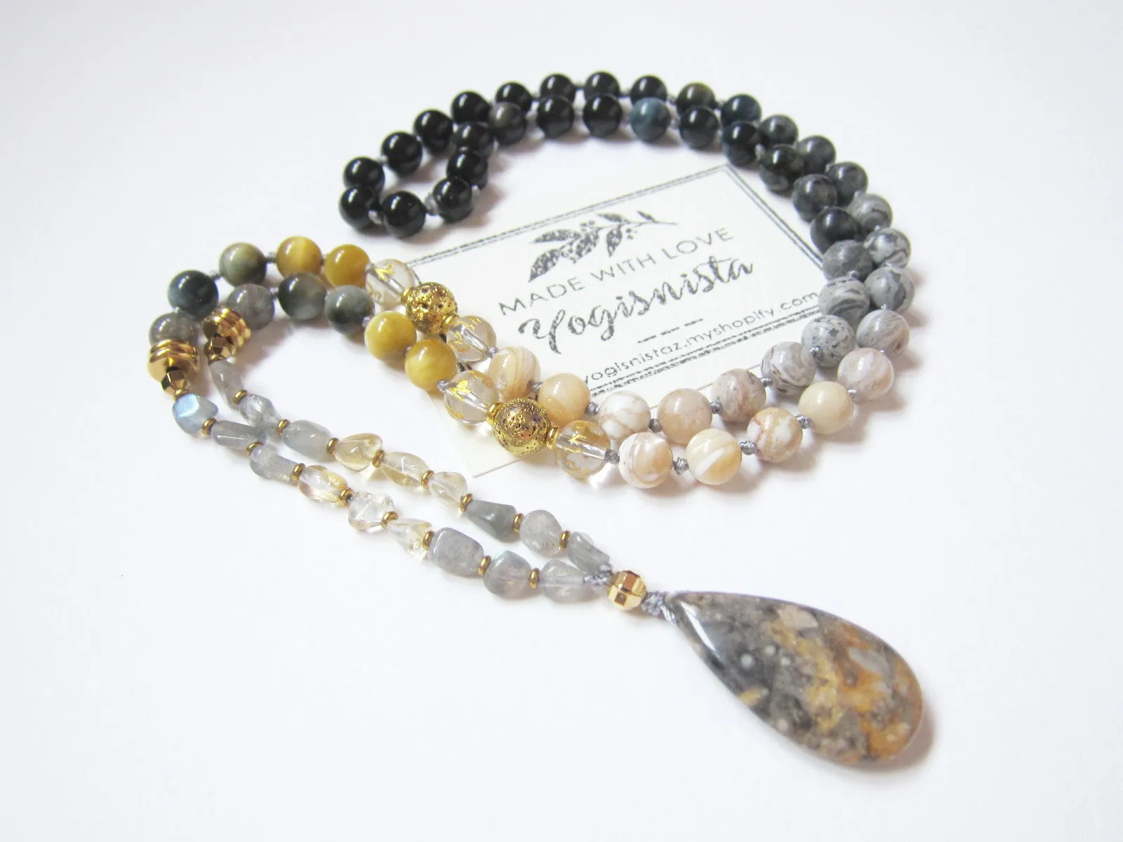 SALE - Self Esteem   Decisiveness Beaded Mala Necklace in Bumblebee Jasper Stone Pendant