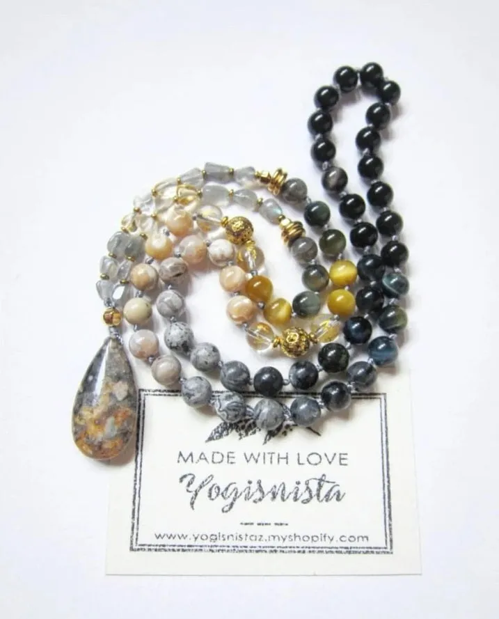 SALE - Self Esteem   Decisiveness Beaded Mala Necklace in Bumblebee Jasper Stone Pendant