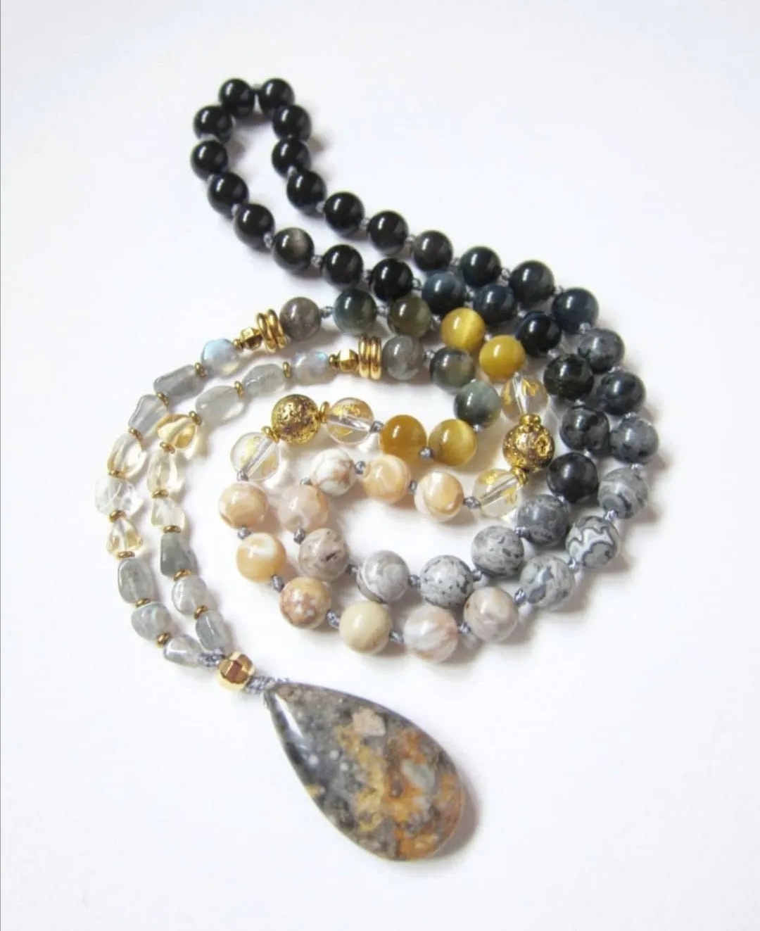 SALE - Self Esteem   Decisiveness Beaded Mala Necklace in Bumblebee Jasper Stone Pendant