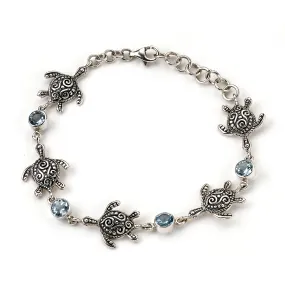 Samuel B. Sterling Silver Turtle and Blue Topaz Station Bracelet, 6.5" with 1" extender (94923)