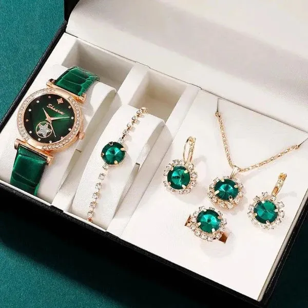 Set jewelry Wristwatch 6PCS Green Luxury Ring Necklace Earring bracelet  Rhinestone