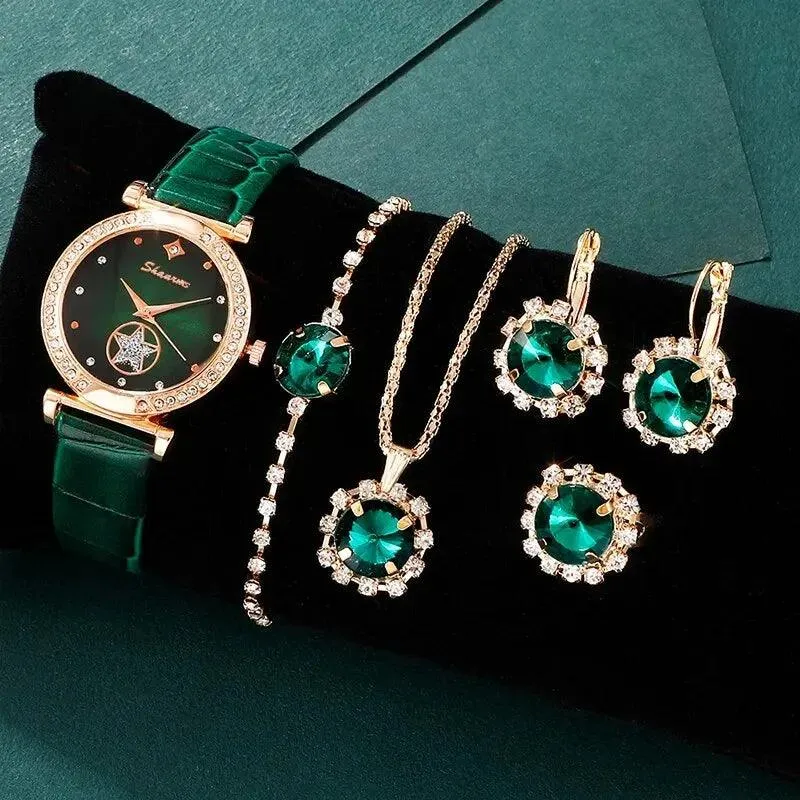 Set jewelry Wristwatch 6PCS Green Luxury Ring Necklace Earring bracelet  Rhinestone