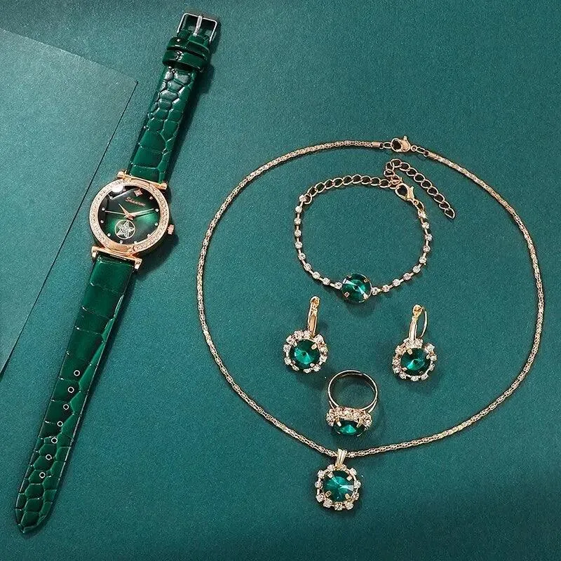 Set jewelry Wristwatch 6PCS Green Luxury Ring Necklace Earring bracelet  Rhinestone