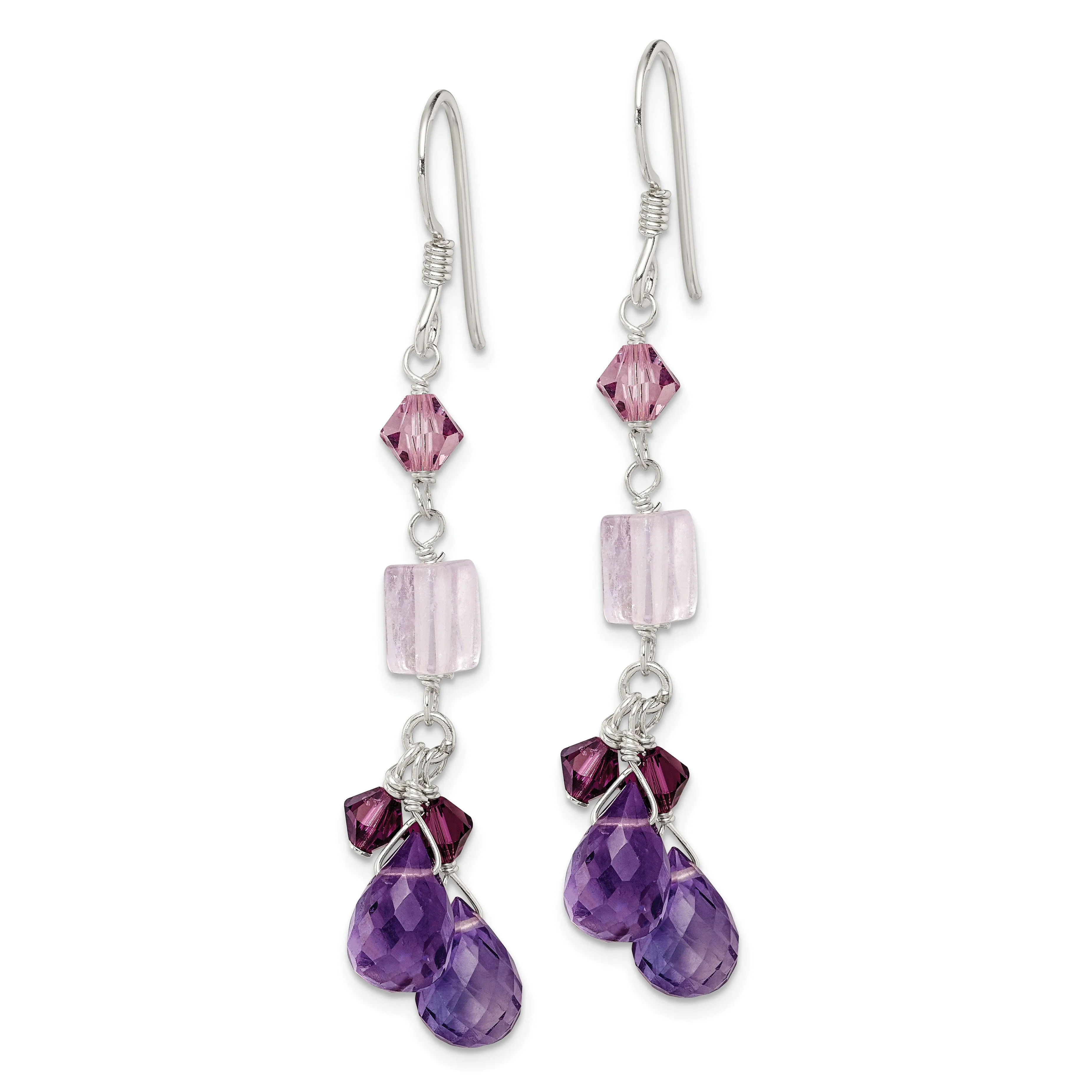 Silver Amethyst Quartz Crystal Dangle Earrings