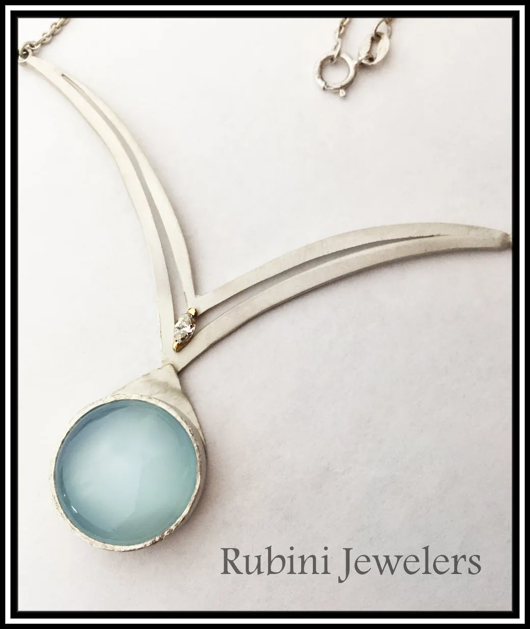 Silver Gold Chalcedony and Diamond Double V Necklace