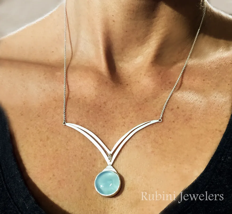 Silver Gold Chalcedony and Diamond Double V Necklace