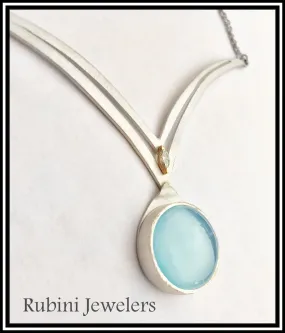 Silver Gold Chalcedony and Diamond Double V Necklace