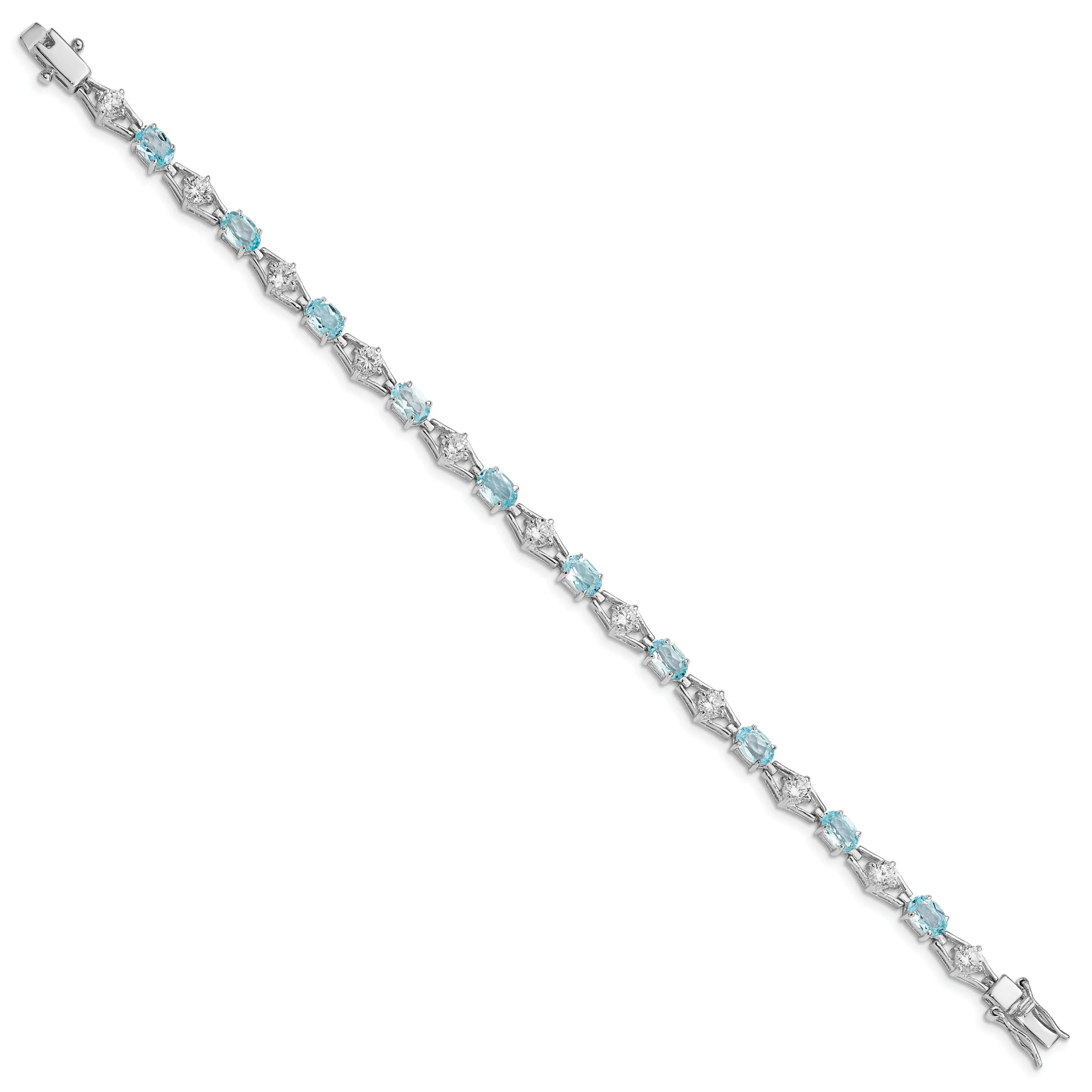 Silver Polished Blue Topaz Gemstone CZ Bracelet