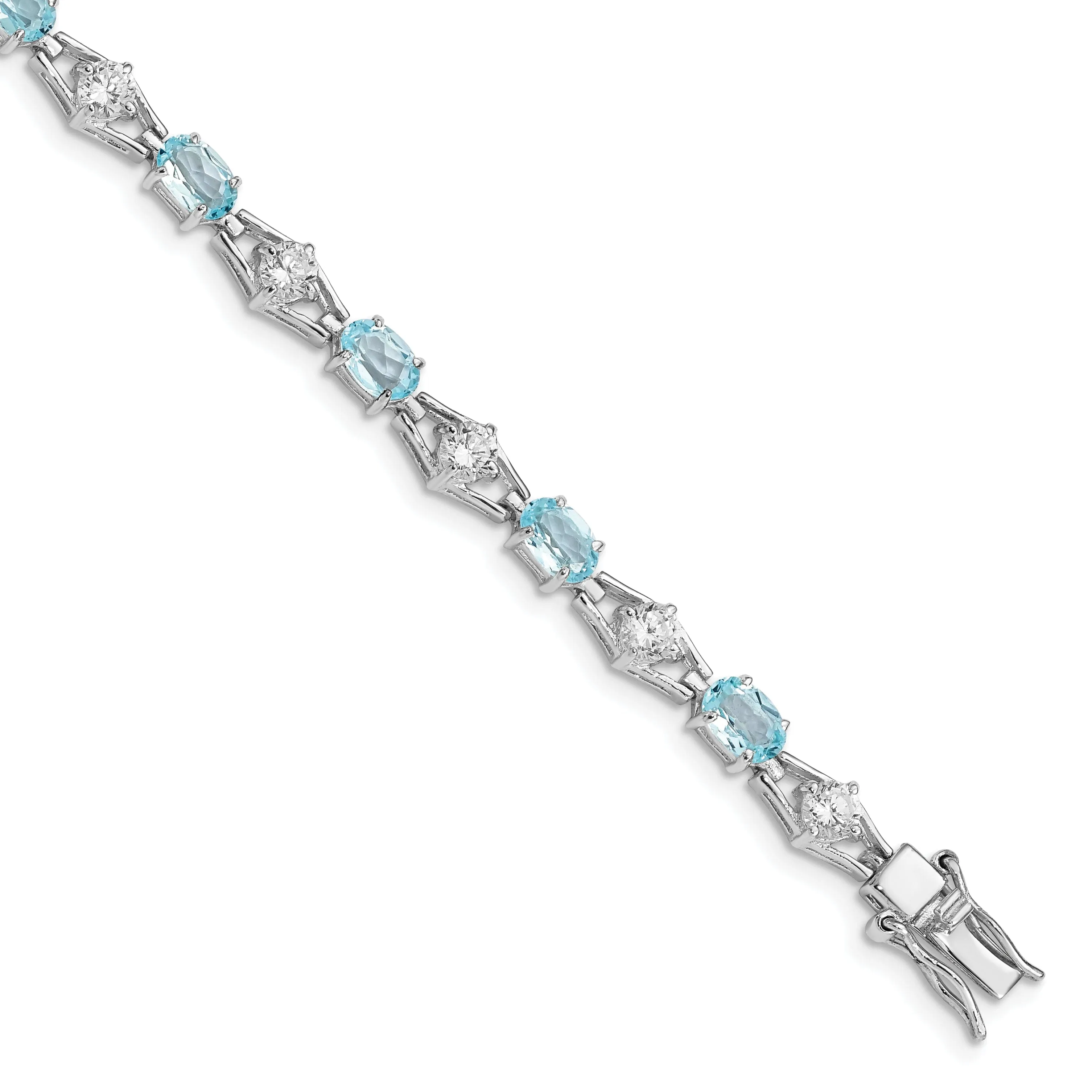 Silver Polished Blue Topaz Gemstone CZ Bracelet