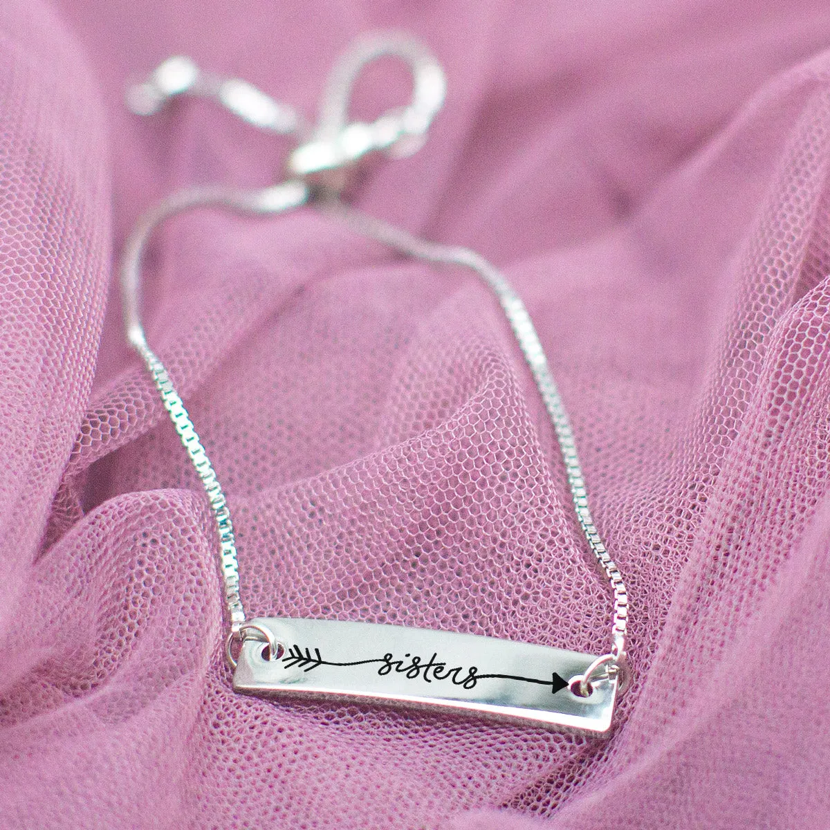 Silver Sisters - Arrow Text Adjustable Bar Bracelet