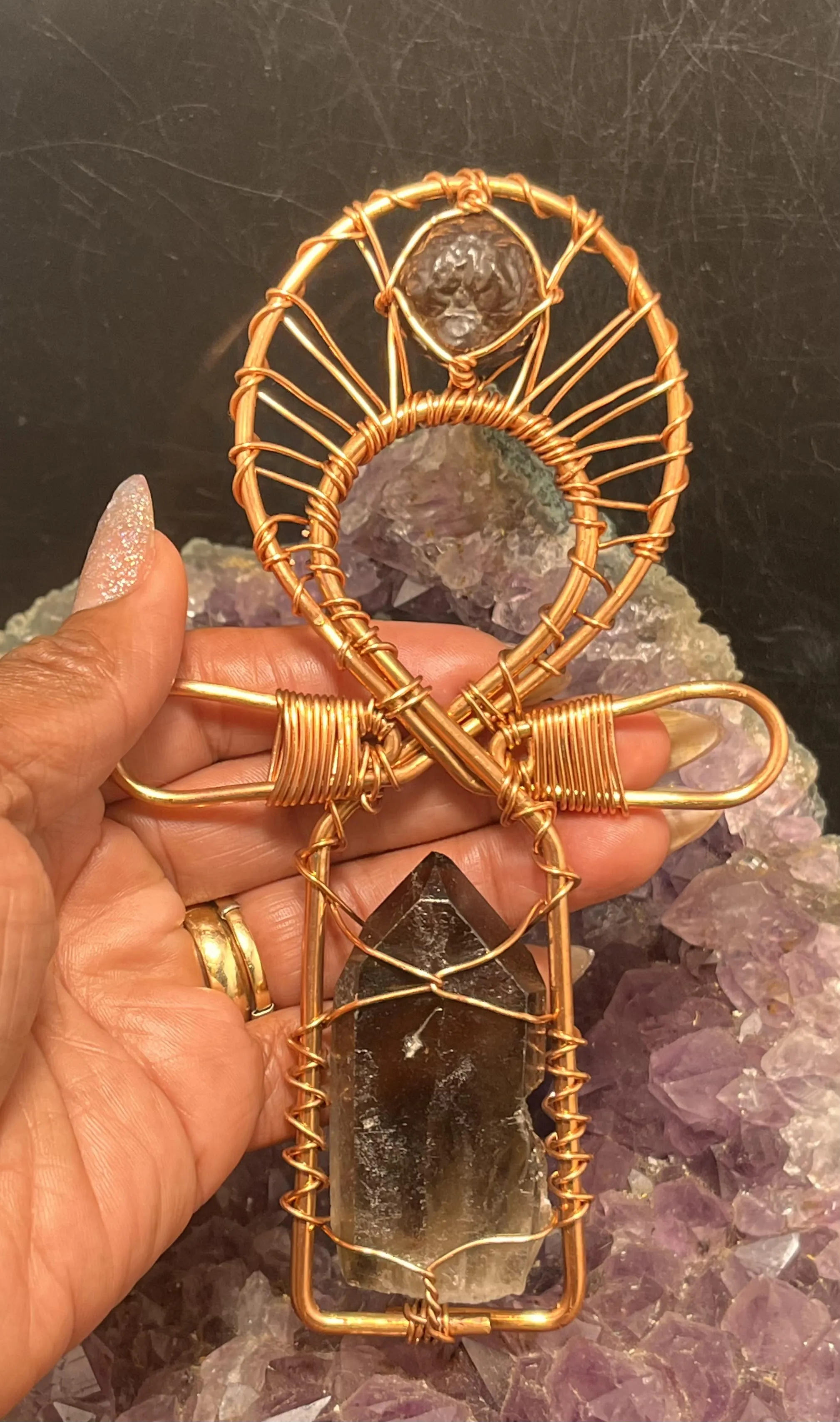 Smoky Quartz Tabby and Prophecy Stone Pocket Copper Ankh